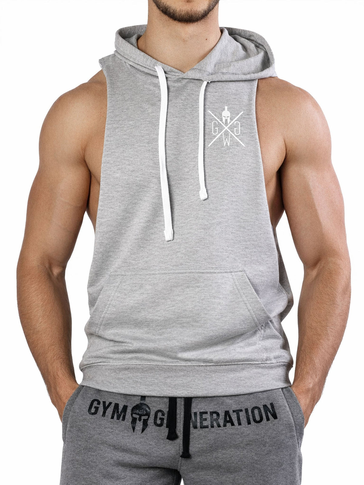 Graues Kapuzen Tank Top für Herren mit kleinem Brustlogo, Vorderansicht