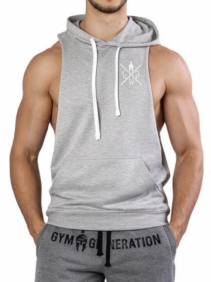 Graues Kapuzen Tank Top für Herren mit kleinem Brustlogo, Vorderansicht