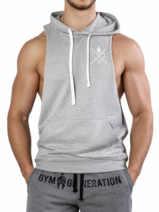 Graues Kapuzen Tank Top für Herren mit kleinem Brustlogo, Vorderansicht
