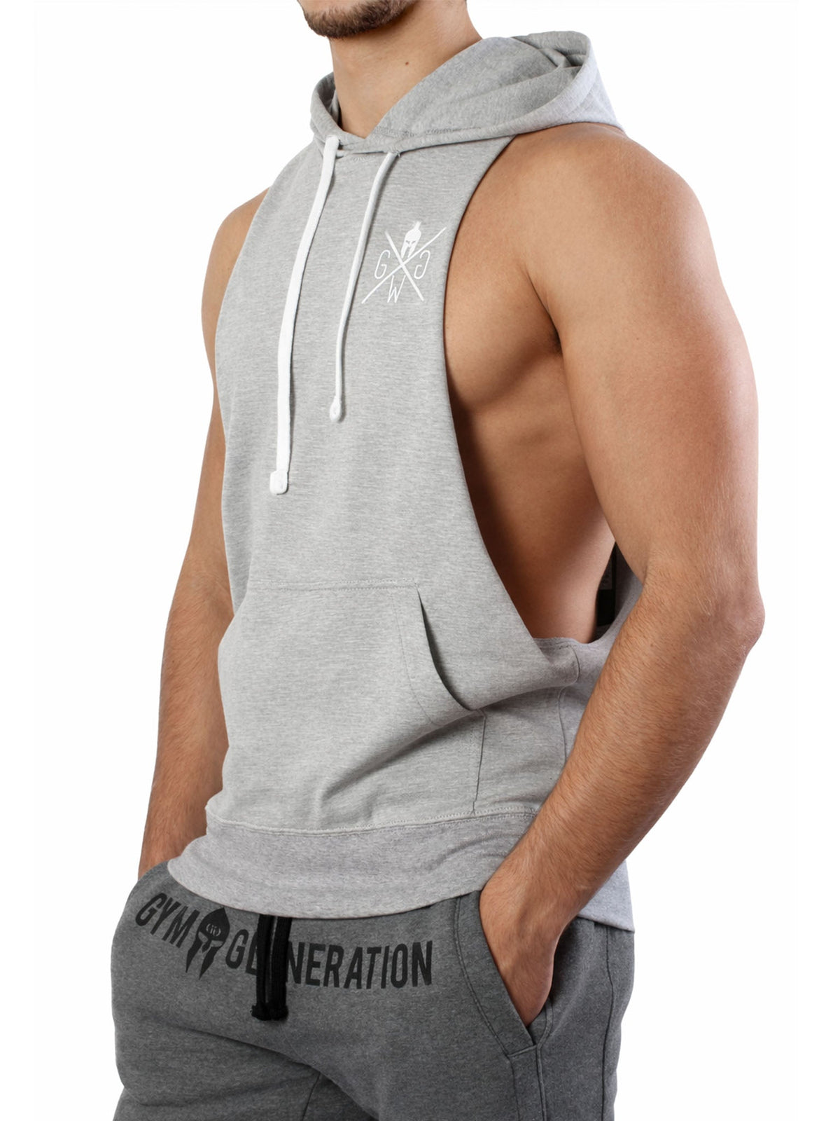 Ärmelloser Hoodie in Grau mit tiefem Armausschnitt, Seitenansicht