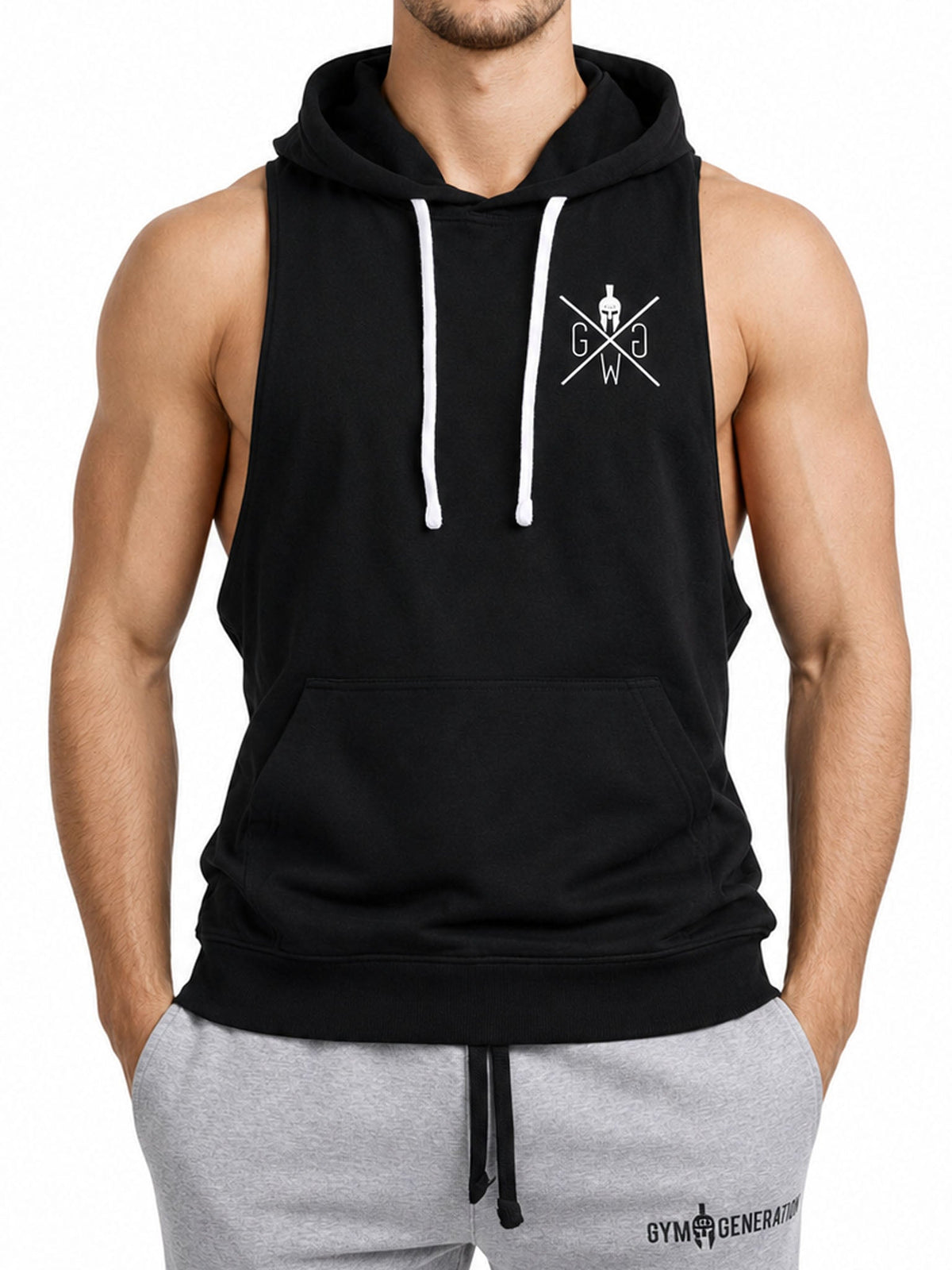 Schwarzes Tank Top mit Kapuze für Herren mit weißem Kordelzug