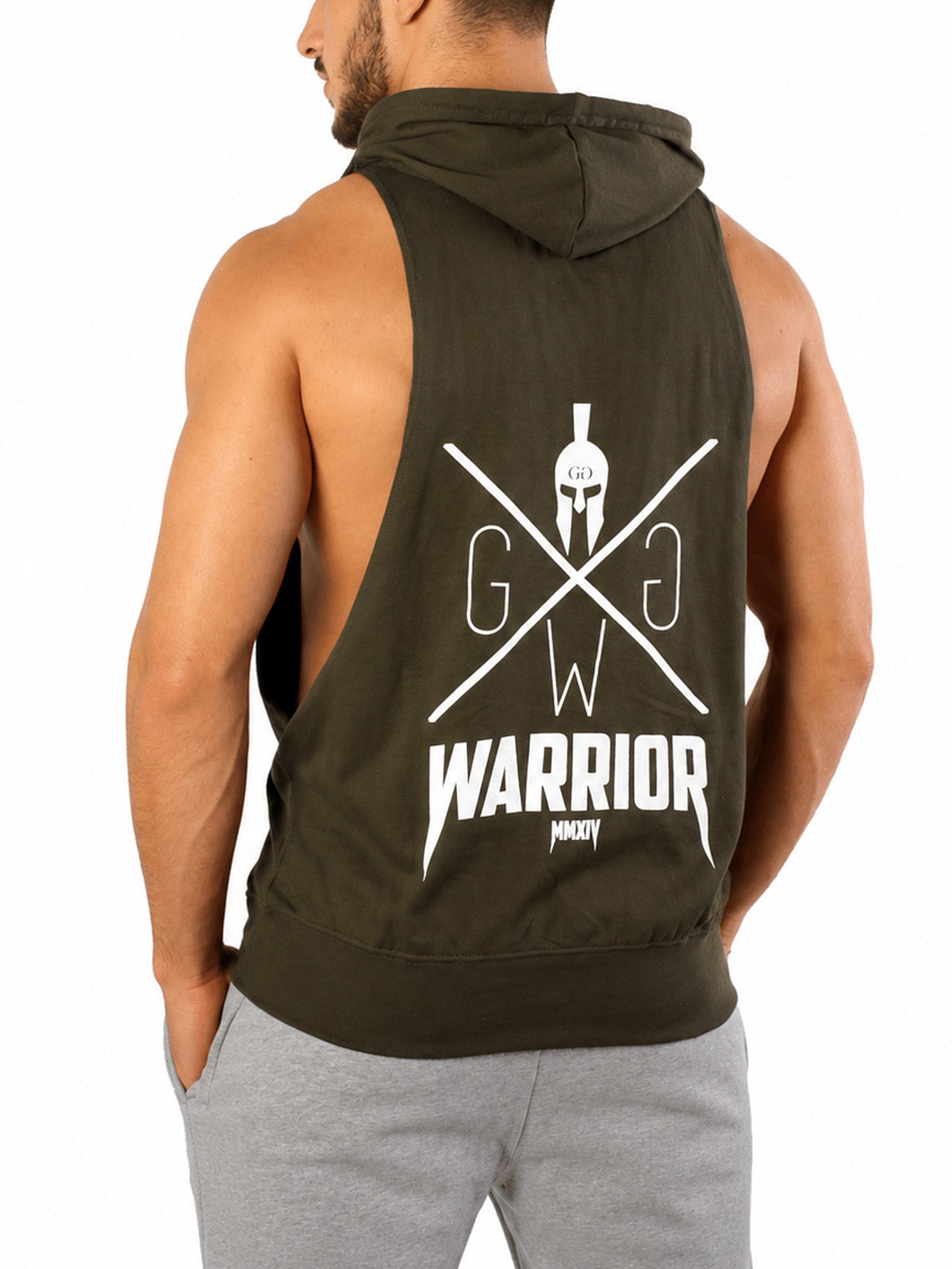 Kapuzen Tank Top in schräger Rückenansicht mit Print