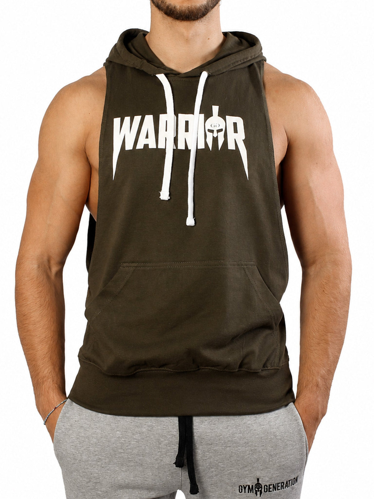 Olivgrünes Kapuzen Tank Top für Herren mit weißem Warrior Print, Vorderansicht
