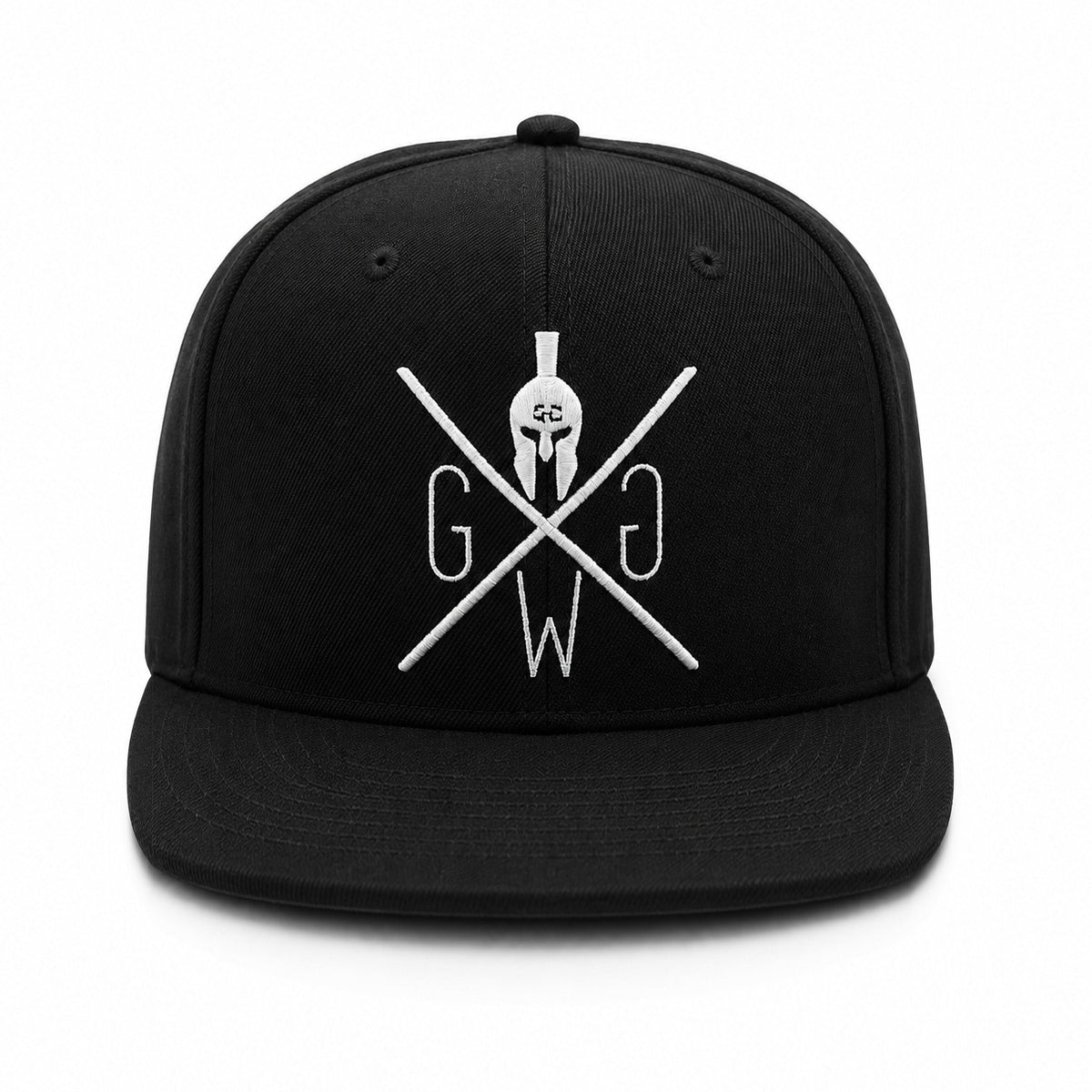 Schwarze Snapback Cap Classic mit weißem Stick und flachem Schirm, Frontansicht