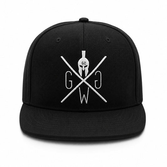 Schwarze Snapback Cap Classic mit weißem Stick und flachem Schirm, Frontansicht