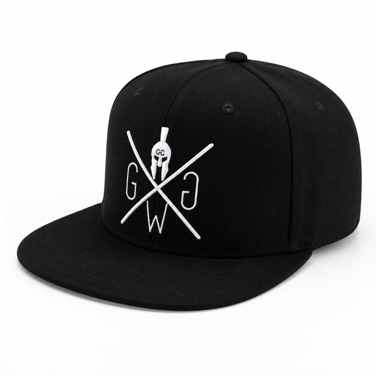 Gym Snapback in Schwarz, schräge Ansicht mit 6-Panel-Krone
