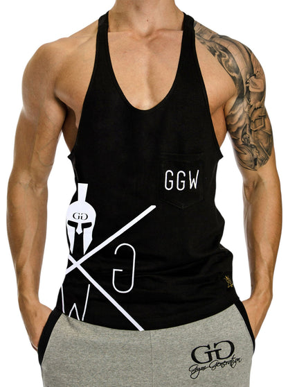 Schwarzes Gym Tank Top für Herren mit aufgesetzter Brusttasche, Vorderansicht