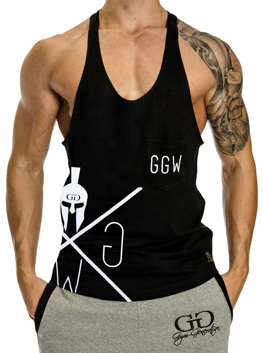 Schwarzes Gym Tank Top für Herren mit aufgesetzter Brusttasche, Vorderansicht