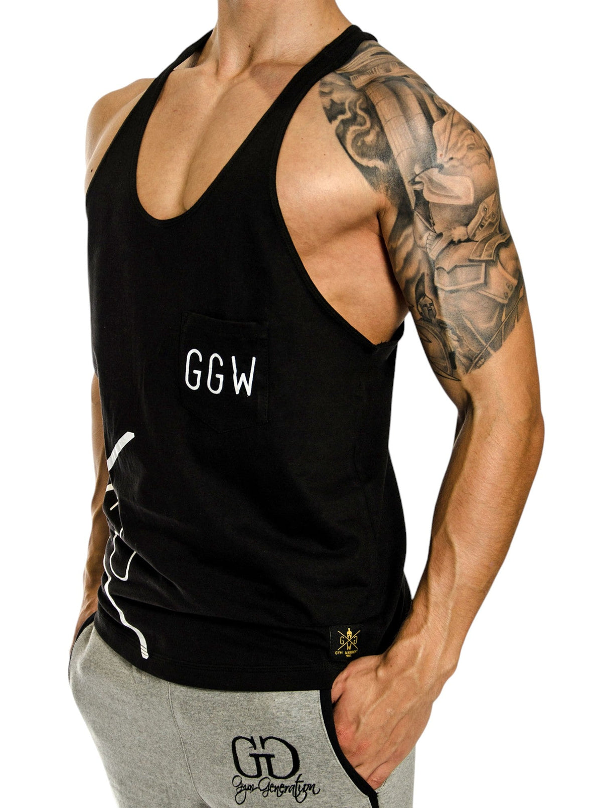Bodybuilding Tank Top in Schwarz, seitliche Ansicht