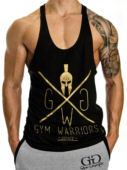 Schwarzes Stringer Tank Top mit goldenem Gym Warriors Logo, Vorderansicht