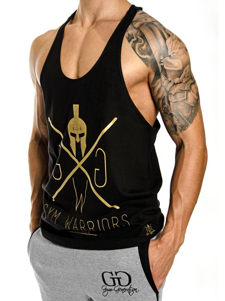 Schwarzes Muskelshirt mit Goldlogo, Seitenansicht