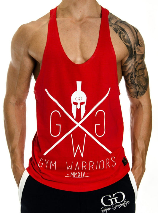 Rotes Stringer Tank Top mit weißem Gym Warriors Logo, Vorderansicht