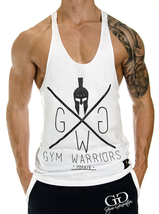 Weißes Stringer Tank Top mit schwarzem Gym Warriors Logo, Vorderansicht