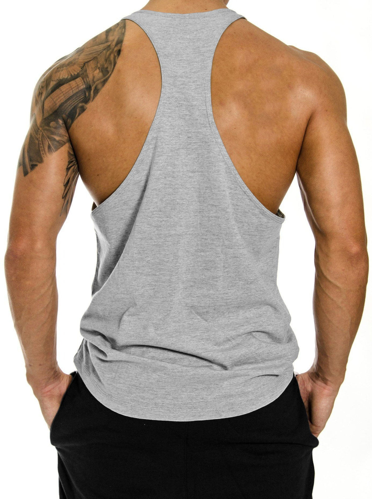 Rückansicht des grauen Muskelshirts mit schmalen Trägern