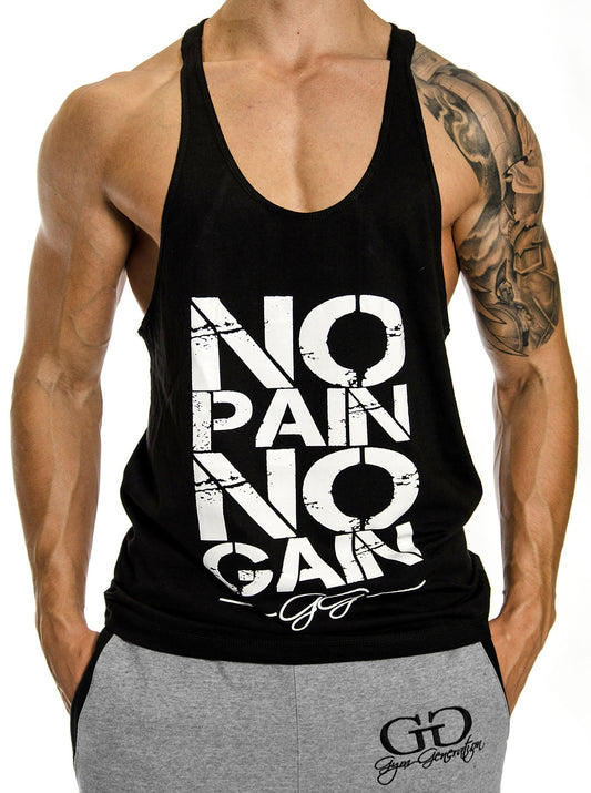 Schwarzes Stringer Tank Top mit weißem No Pain No Gain Schriftzug, Vorderansicht