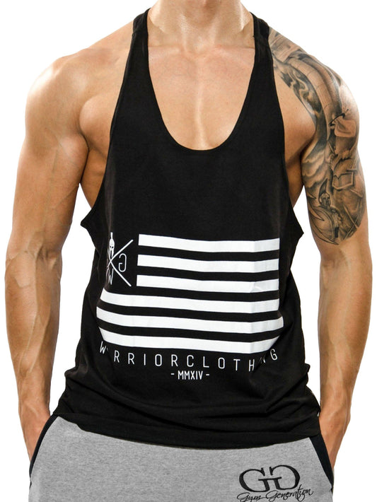 Schwarzes Stringer Tank Top mit weißer Flaggen-Grafik, Vorderansicht