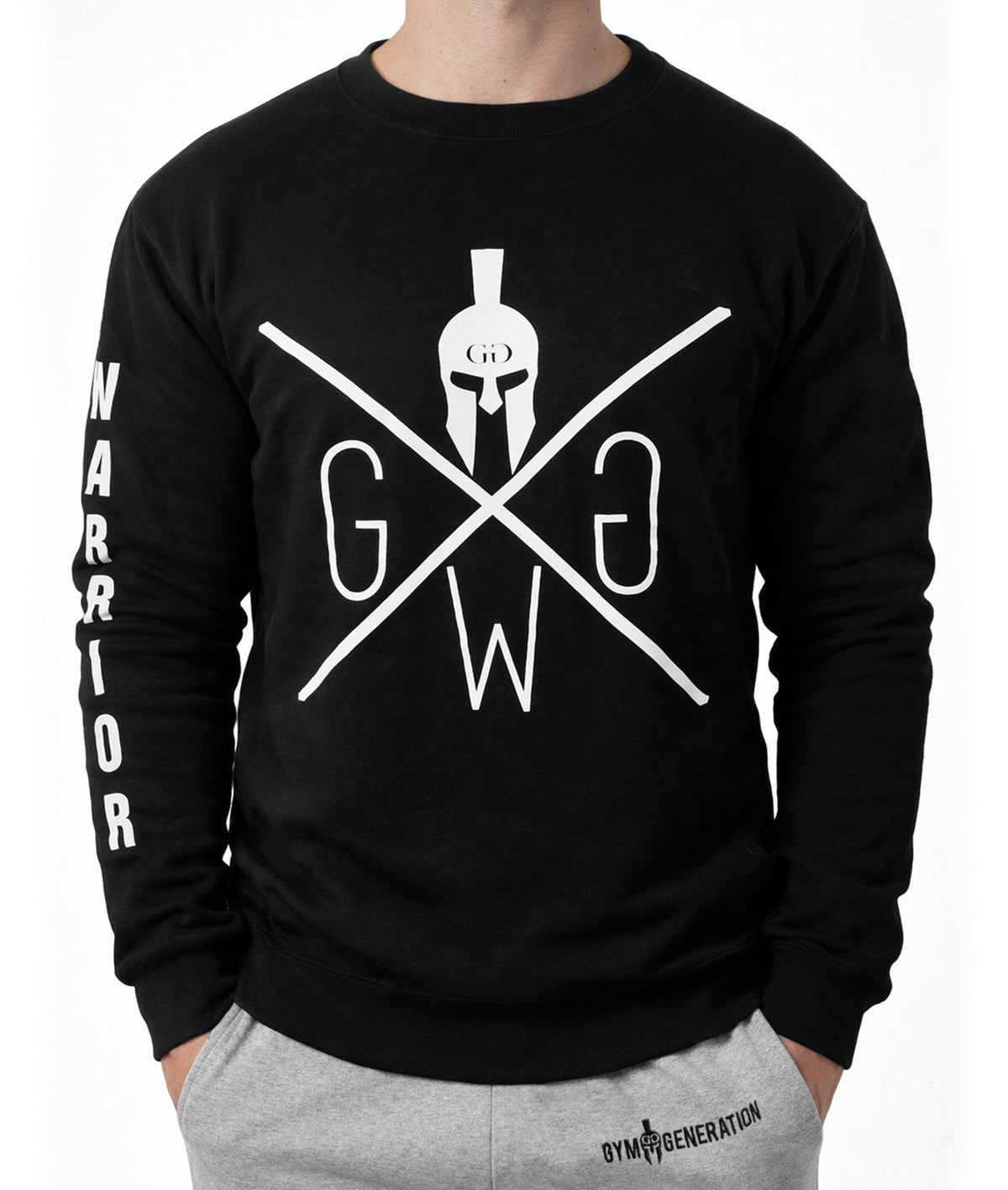 Schwarzes Gym Sweatshirt Warrior mit großem Logo auf der Brust