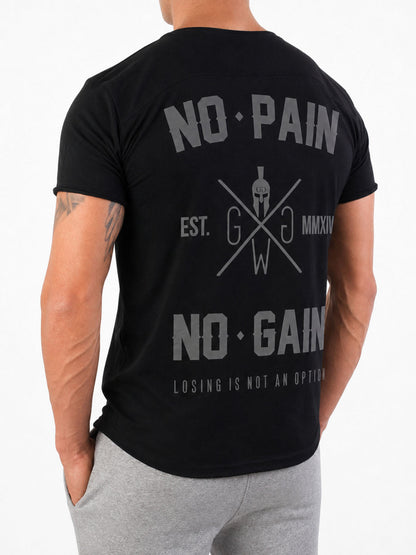 Bodybuilding T-Shirt mit Rückenprint, seitliche Studioansicht