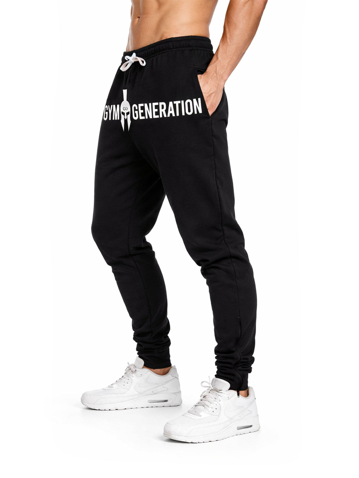 Seitenansicht der schwarzen Gym Jogginghose mit Kordelzug