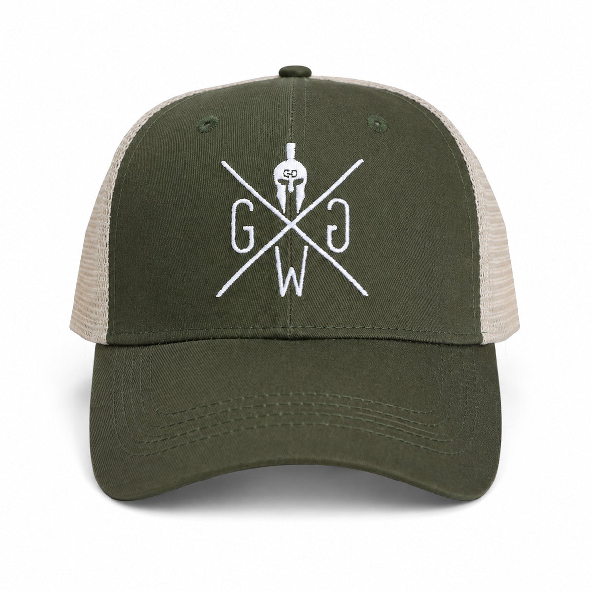 Trucker Cap Venice in Olive mit weiß gesticktem Logo, Frontansicht