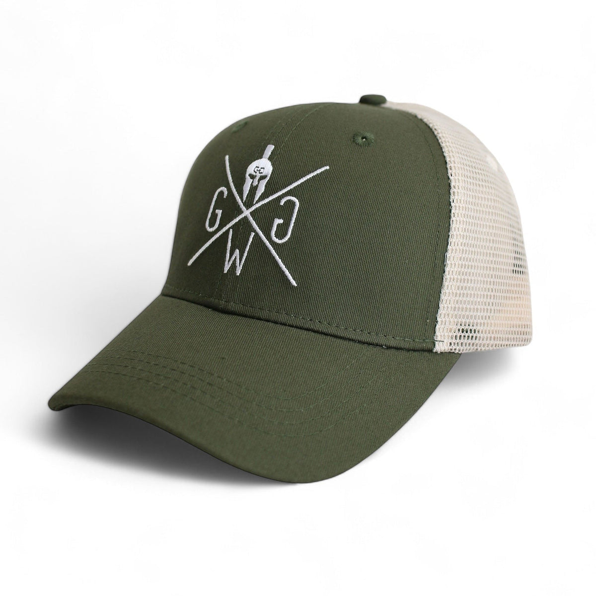 Olivgrüne Trucker Cap mit beigem Netz an Seite und Rückseite