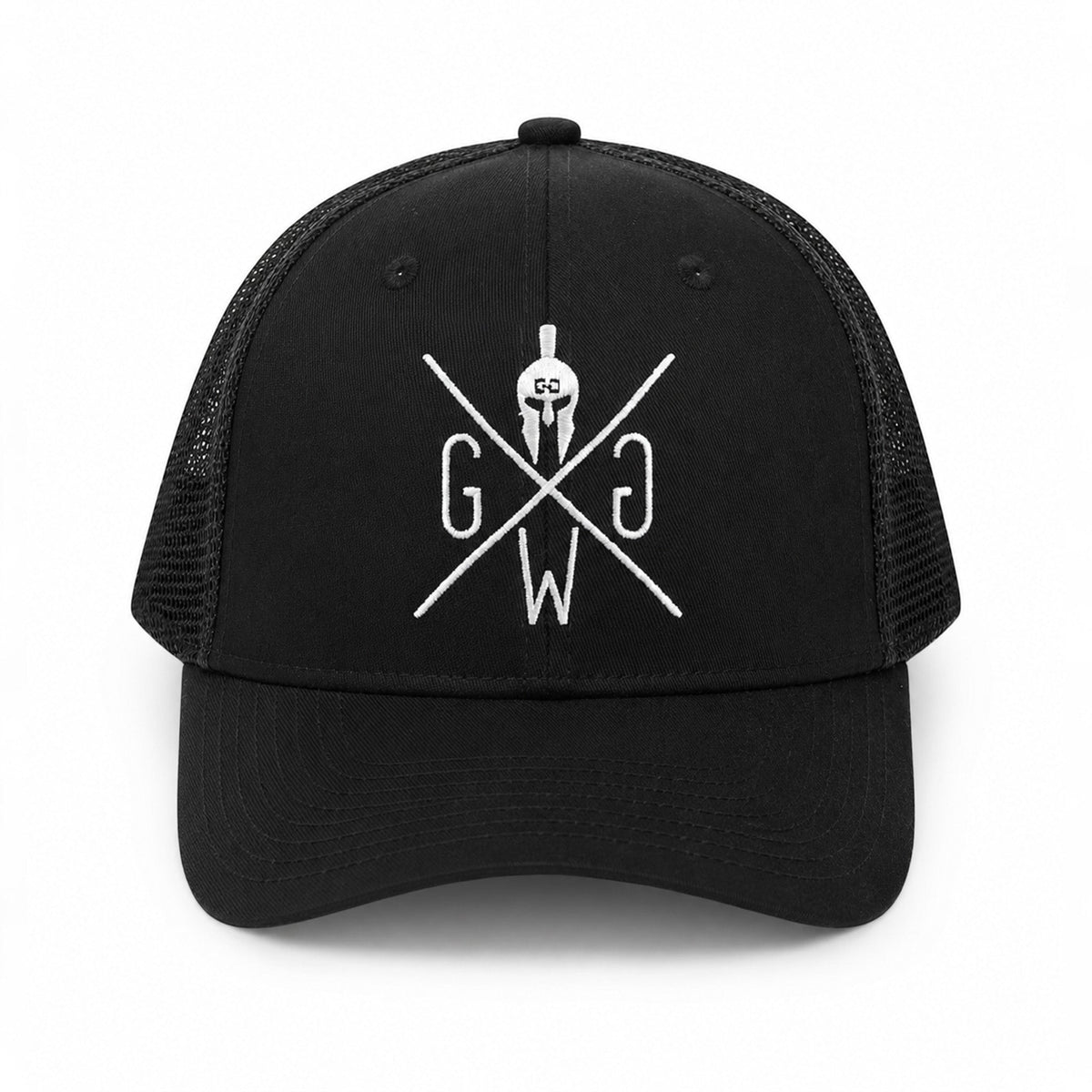 Schwarze Trucker Cap Venice mit weiß gesticktem Logo, Frontansicht