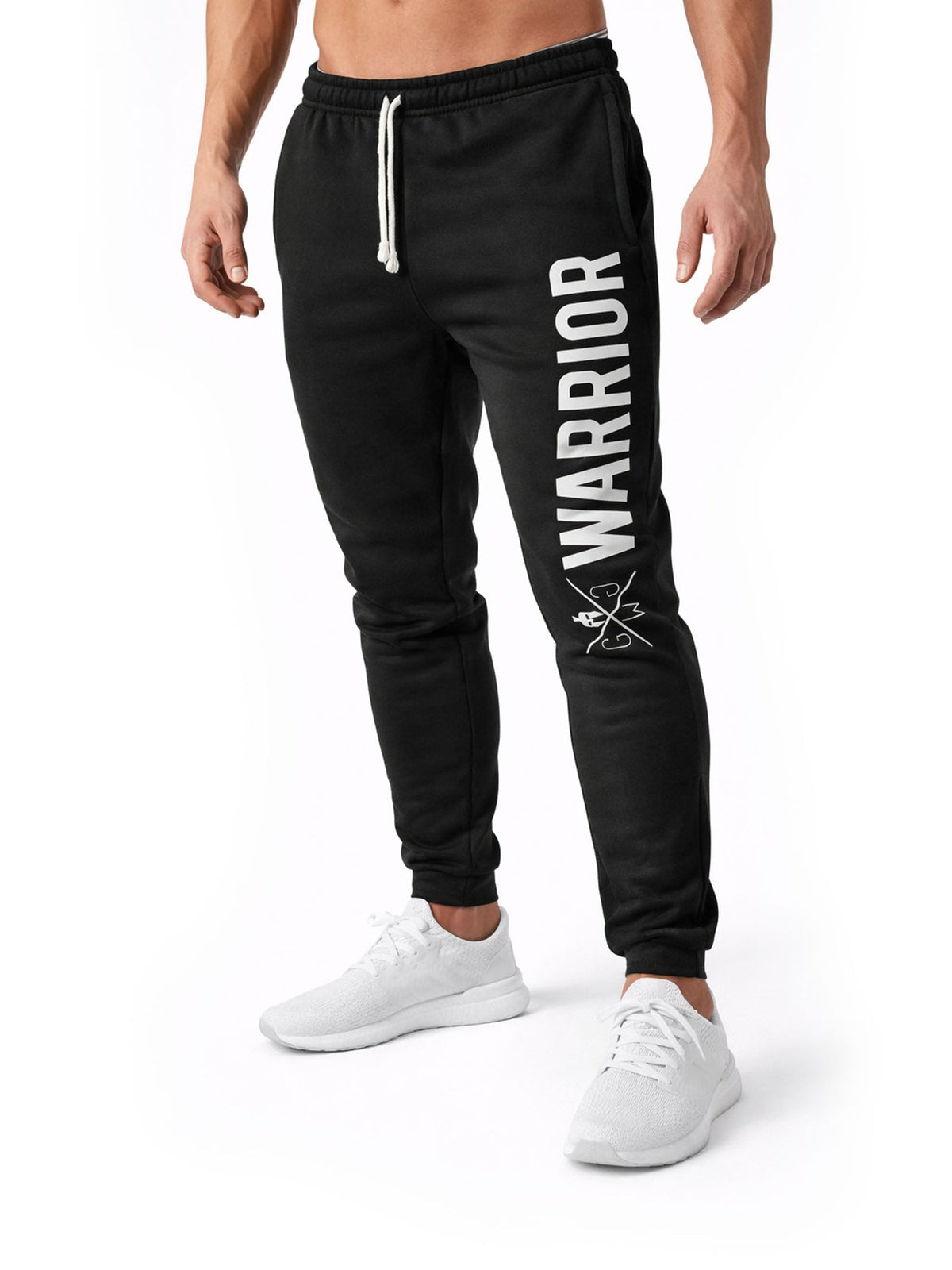 Schwarze Jogginghose mit senkrechtem Warrior-Print am Oberschenkel