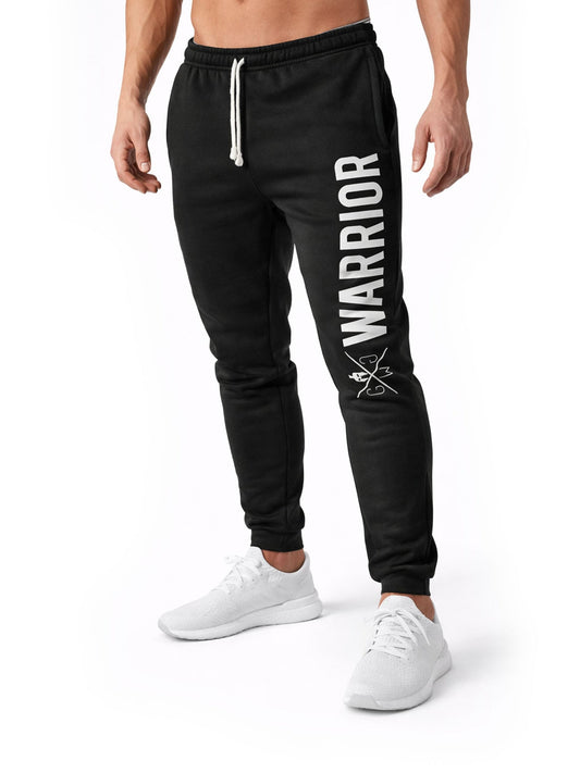 Schwarze Jogginghose mit senkrechtem Warrior-Print am Oberschenkel