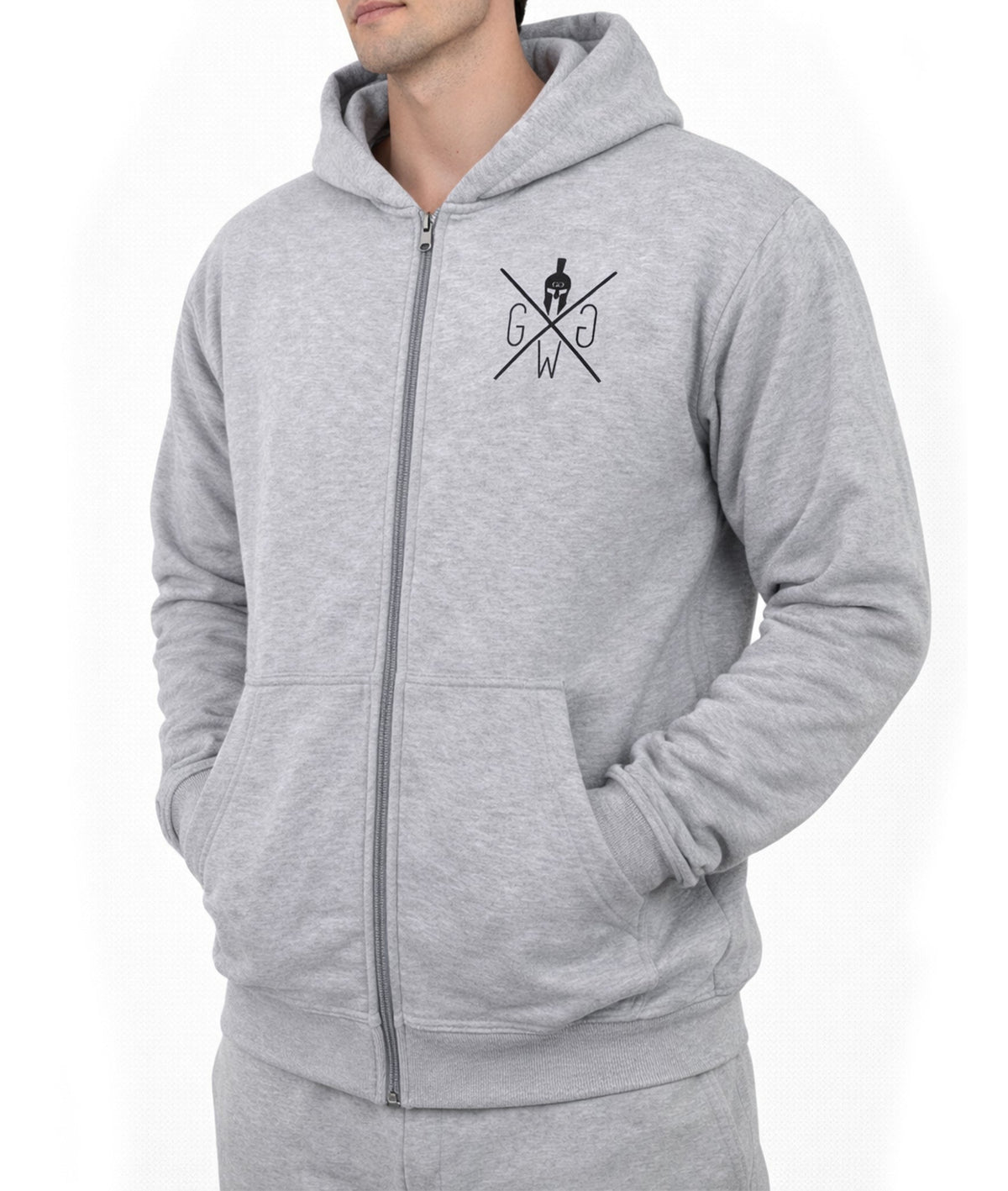 Gym Hoodie in Grau meliert, schräge Frontansicht mit Brustlogo