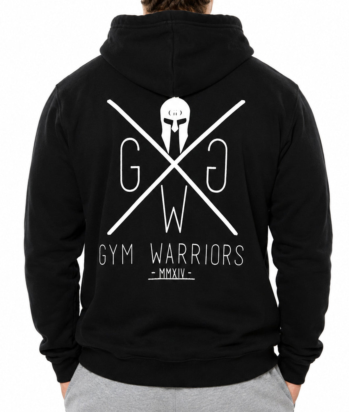 Großer weißer Gym Warriors Rückenprint auf dem schwarzen Hoodie