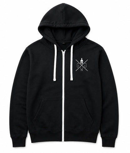 Weißer Zip, Kängurutaschen und gerippter Saum im Detail