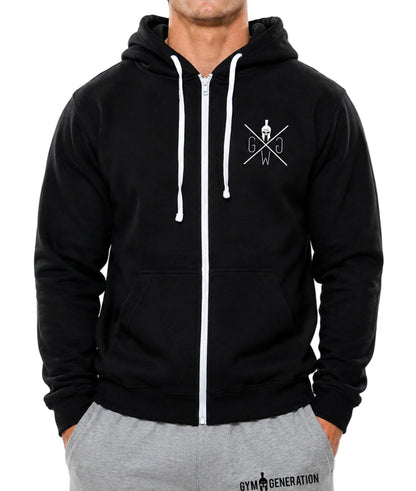 Schwarzer Gym Hoodie mit weißem Reißverschluss und gesticktem Brustlogo