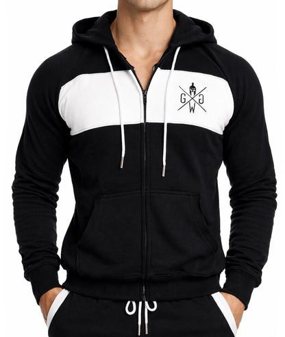 Schwarzer Gym Hoodie mit Reißverschluss und weißem Brustfeld, Frontansicht