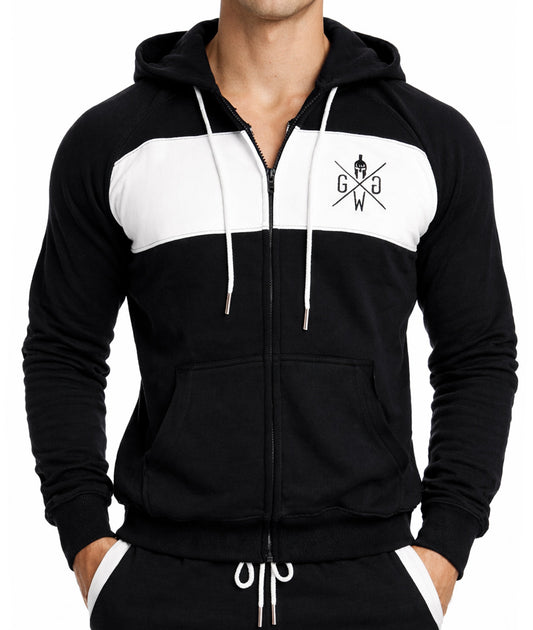Schwarzer Gym Hoodie mit Reißverschluss und weißem Brustfeld, Frontansicht