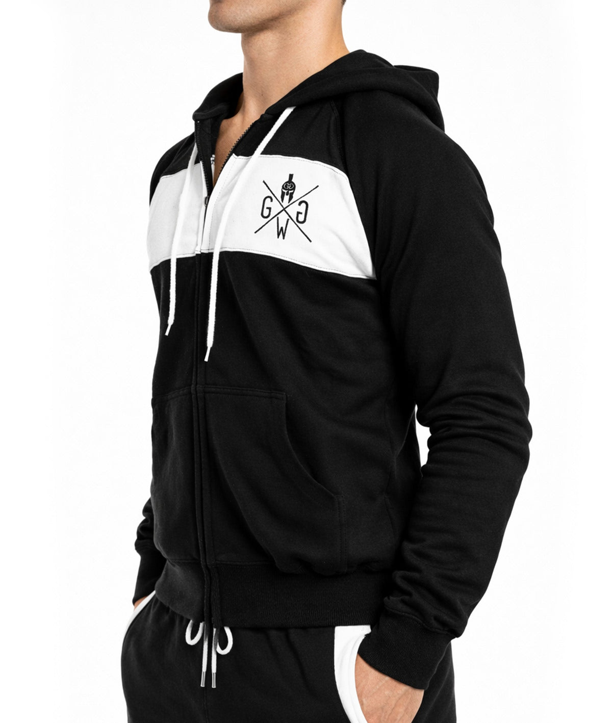 Schwarzer Zip-Hoodie für Herren in der Seitenansicht