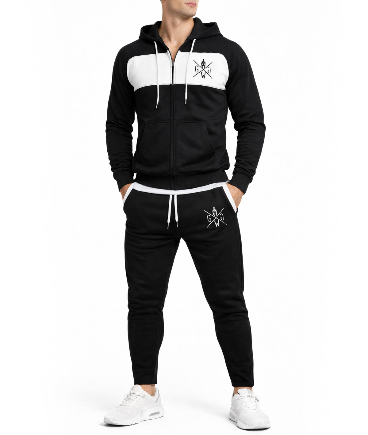 Schwarzes Gym Outfit aus Zip-Hoodie und Jogger