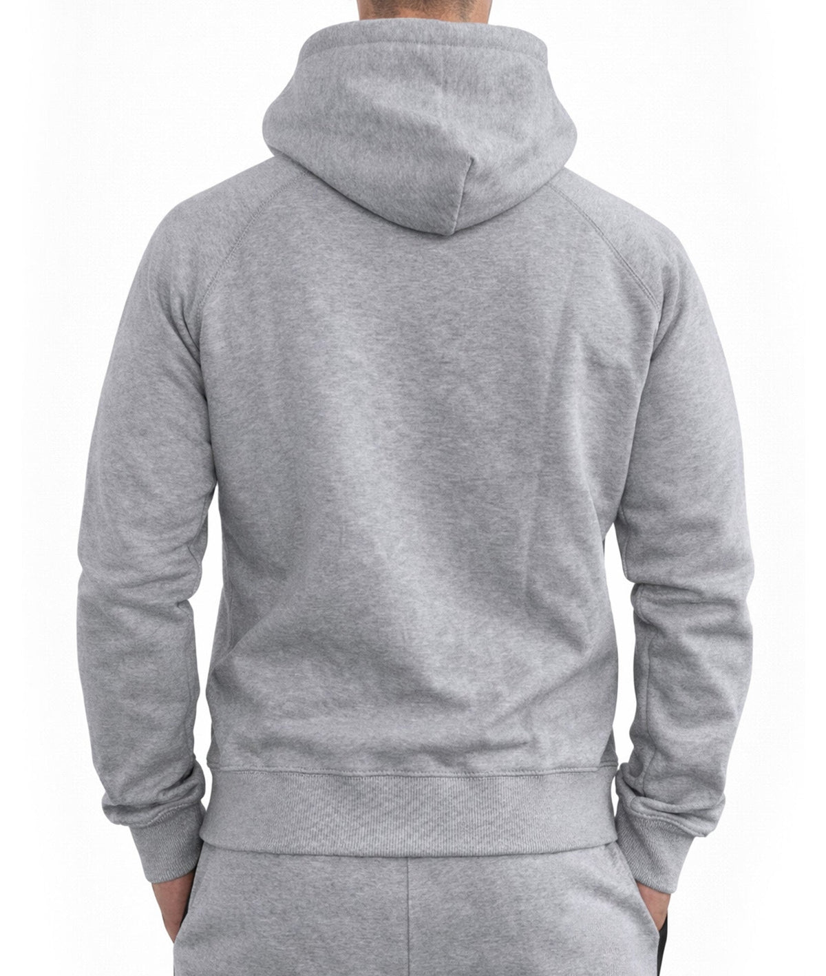 Rückenansicht des grauen Hoodies ohne Print