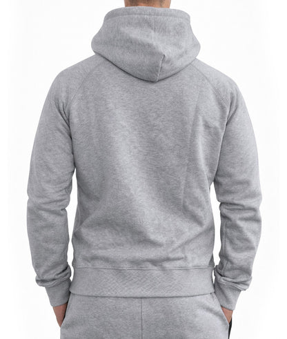 Rückenansicht des grauen Hoodies ohne Print