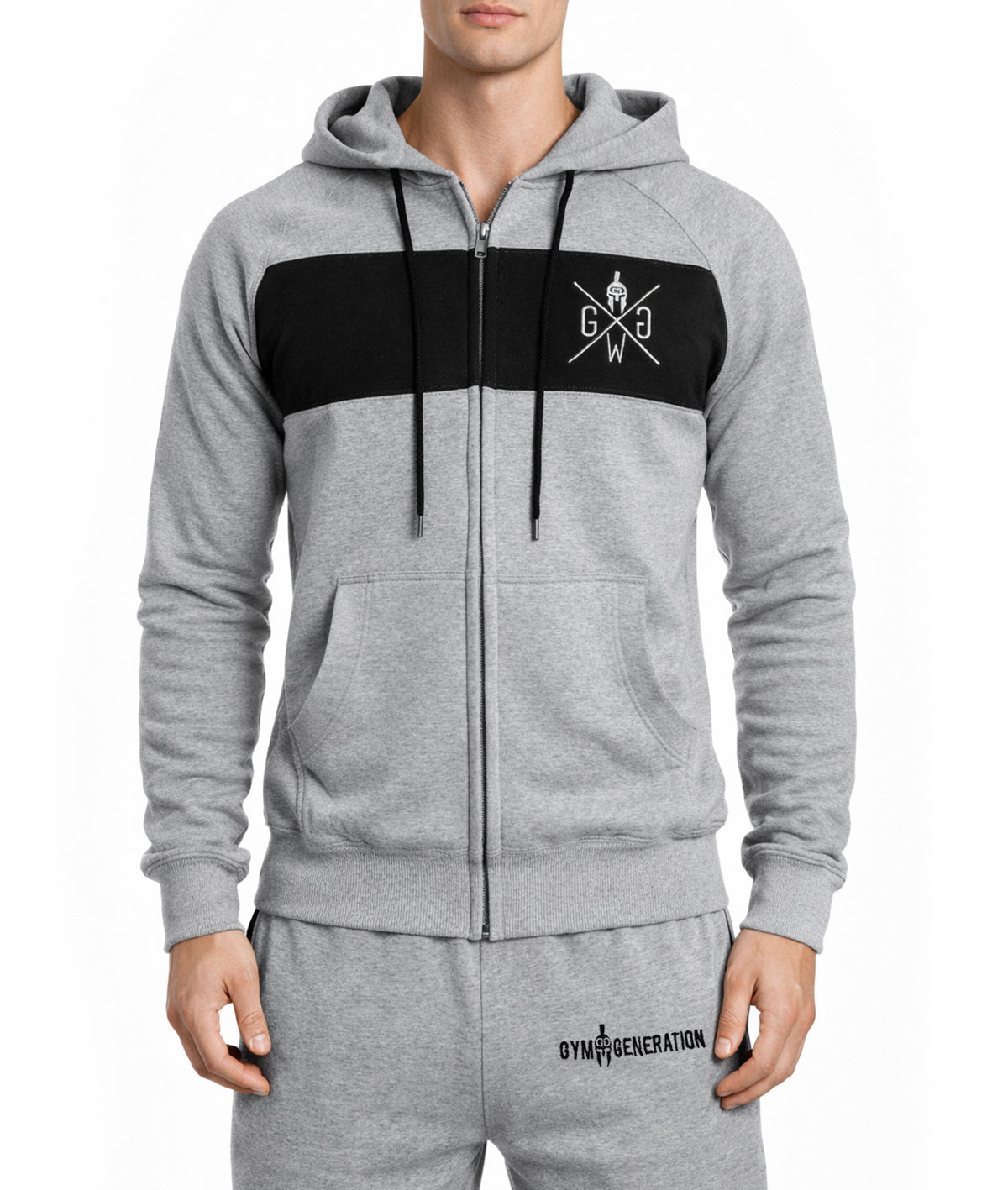 Grauer Trainingsanzug mit Zip-Hoodie als komplettes Gym Outfit