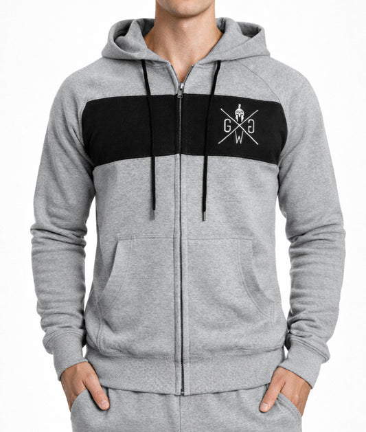 Grauer Gym Hoodie mit Reißverschluss und schwarzem Brustfeld, Frontansicht