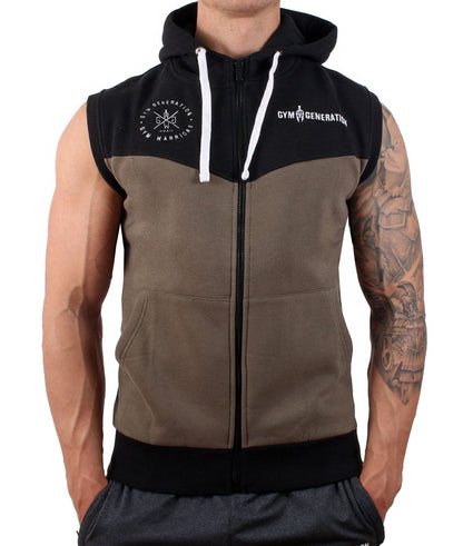 Hoodie ohne Ärmel in Olive, Vorderansicht mit Reißverschluss