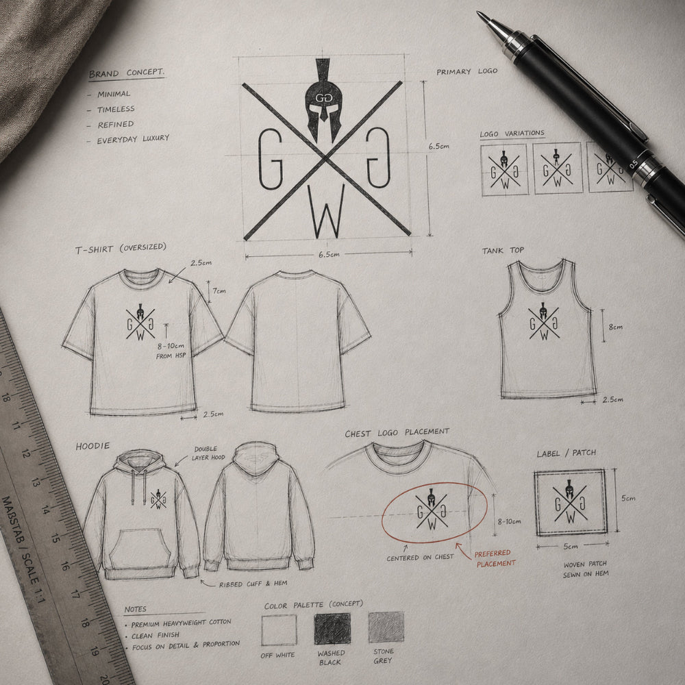 Handgezeichnete Skizze des Gym Warriors Logos mit Entwürfen für T-Shirt, Tank Top und Hoodie