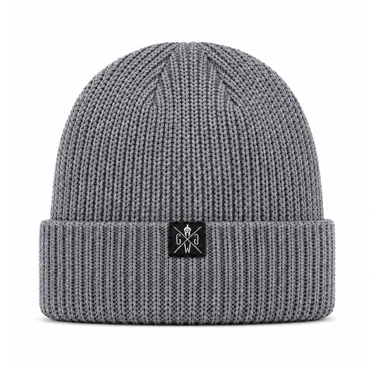 Graue Beanie Atlantic aus grobem Rippenstrick mit Umschlag