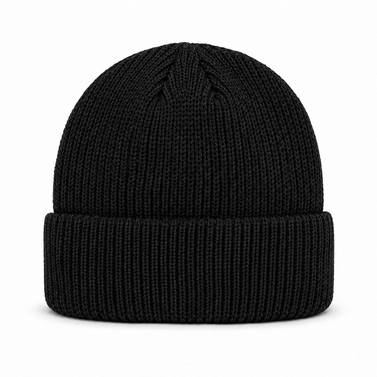 Rückansicht der schwarzen Strickmütze mit breitem Umschlag