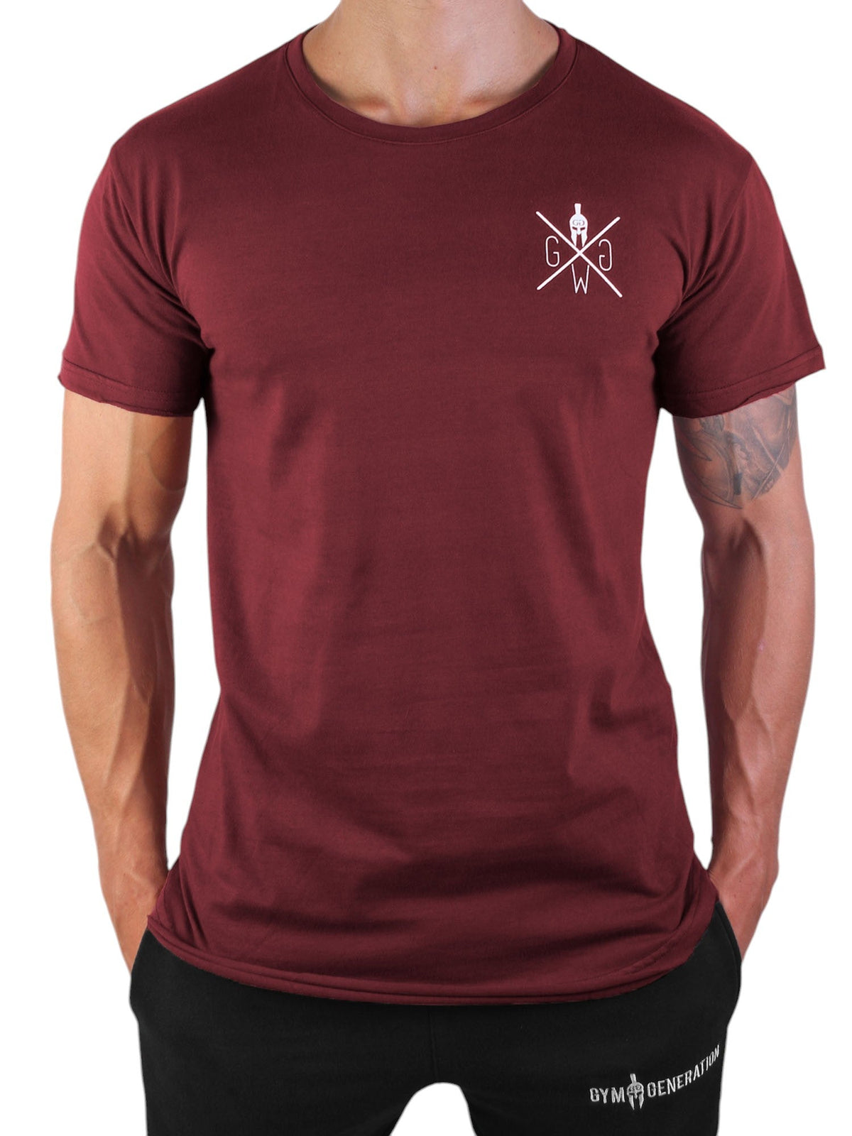 Bordeauxfarbenes Gym T-Shirt für Herren mit weißem Brustlogo, Vorderansicht
