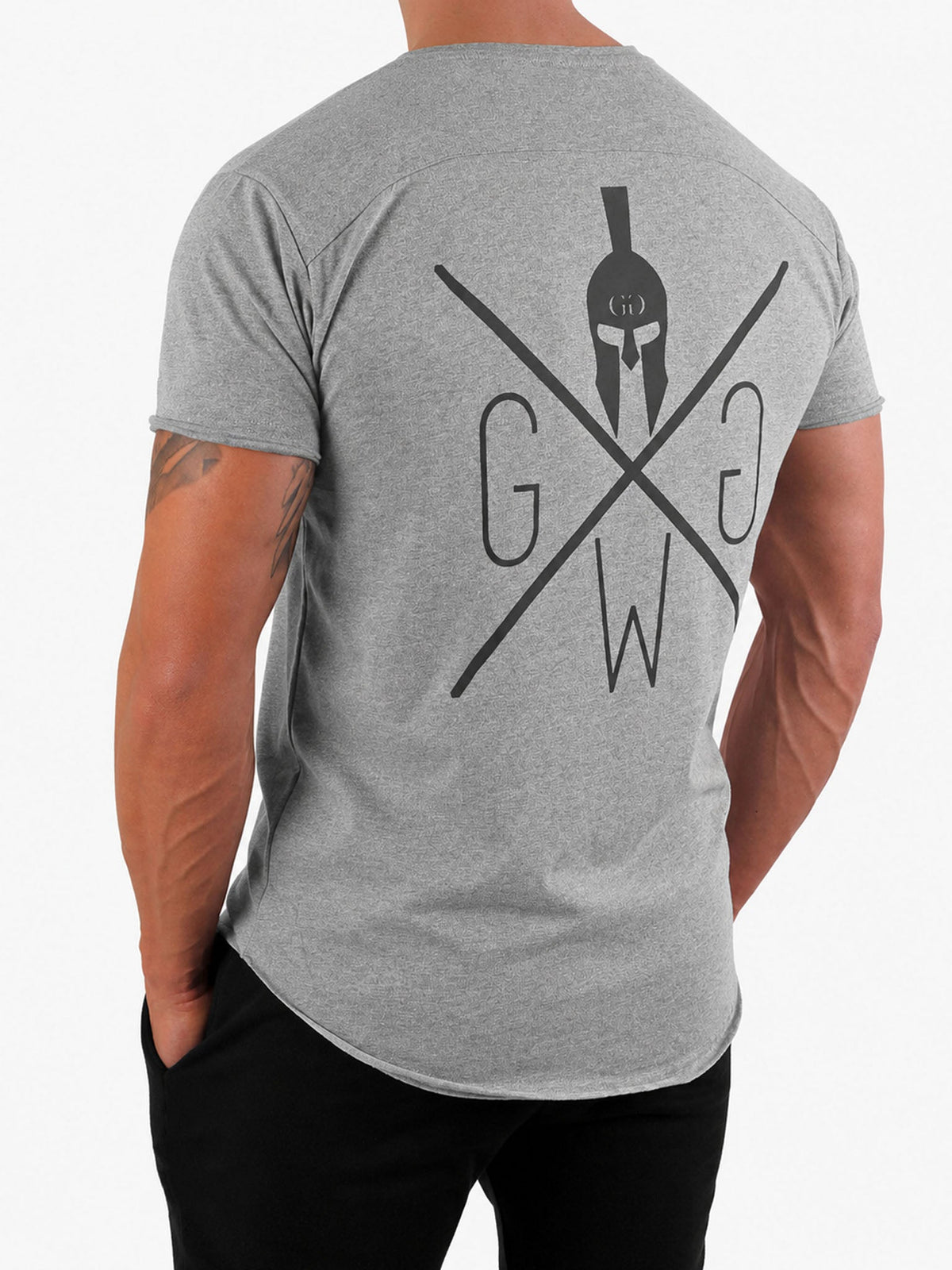 Hellgraues Fitness Shirt für Herren in schräger Rückenansicht