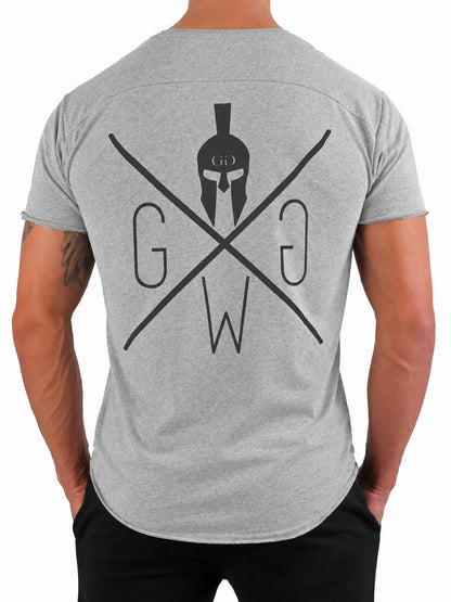 Graues Gym T-Shirt Warrior mit großem schwarzem Logo auf dem Rücken