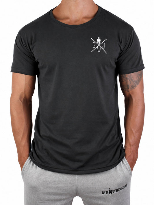 Dunkelgraues Gym T-Shirt Warrior mit weißem Brustlogo, Vorderansicht
