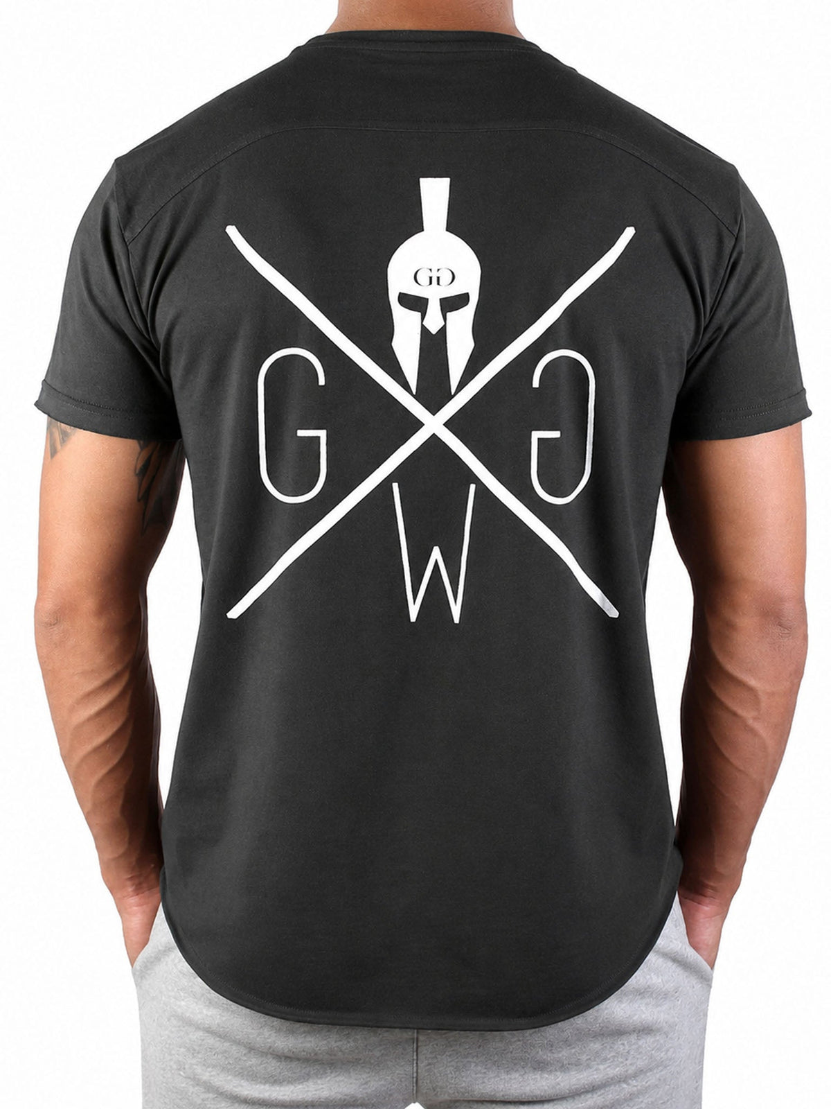 Großer weißer Rückenprint auf dem dunkelgrauen Fitness Shirt