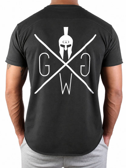 Großer weißer Rückenprint auf dem dunkelgrauen Fitness Shirt